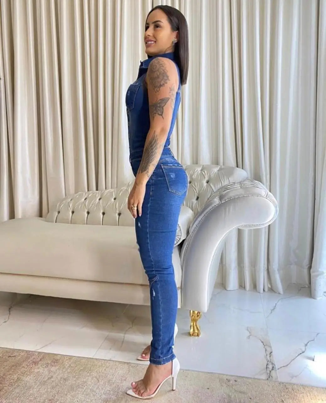 Buttoned Turn Down Collar Skinny Denim Jumpsuit