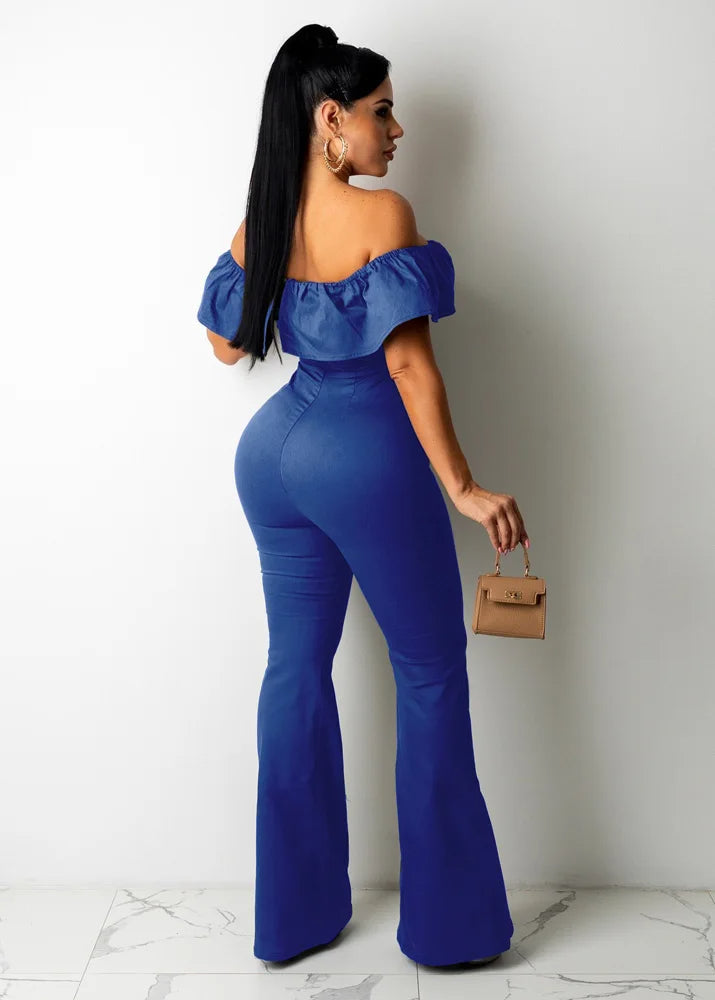 Wide Leg Club Jumpsuit Sexy Women's Slash Neck Ruffles Elegant Solid Flare Rompers