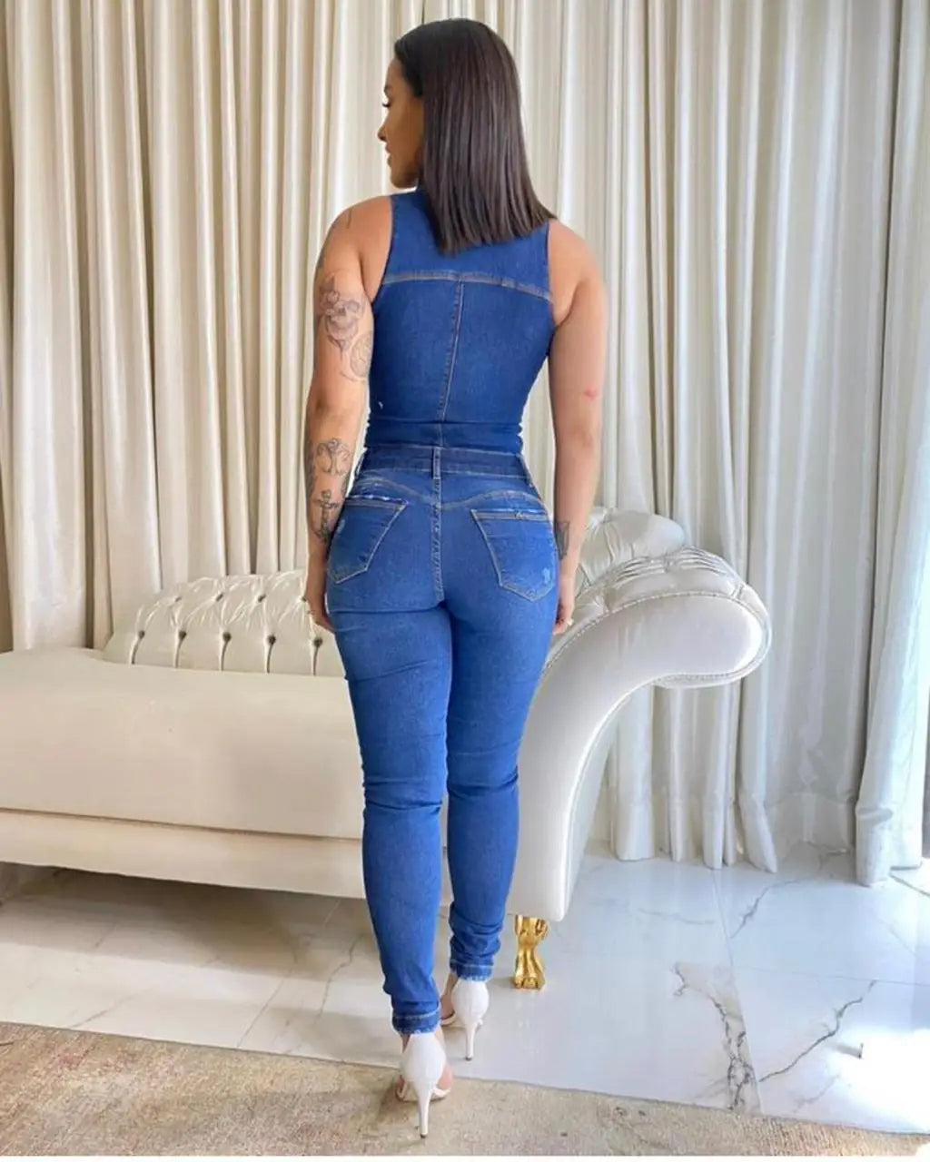 Buttoned Turn Down Collar Skinny Denim Jumpsuit