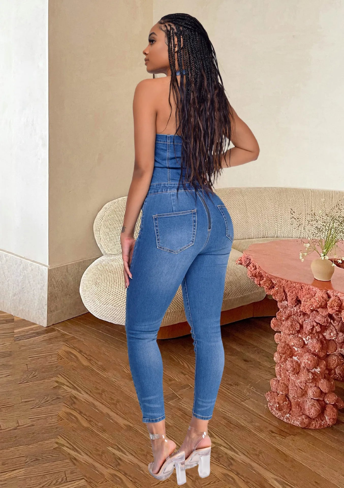 Halter Neck Backless Denim Pencil Romper Sexy Street Chic Jumpsuit