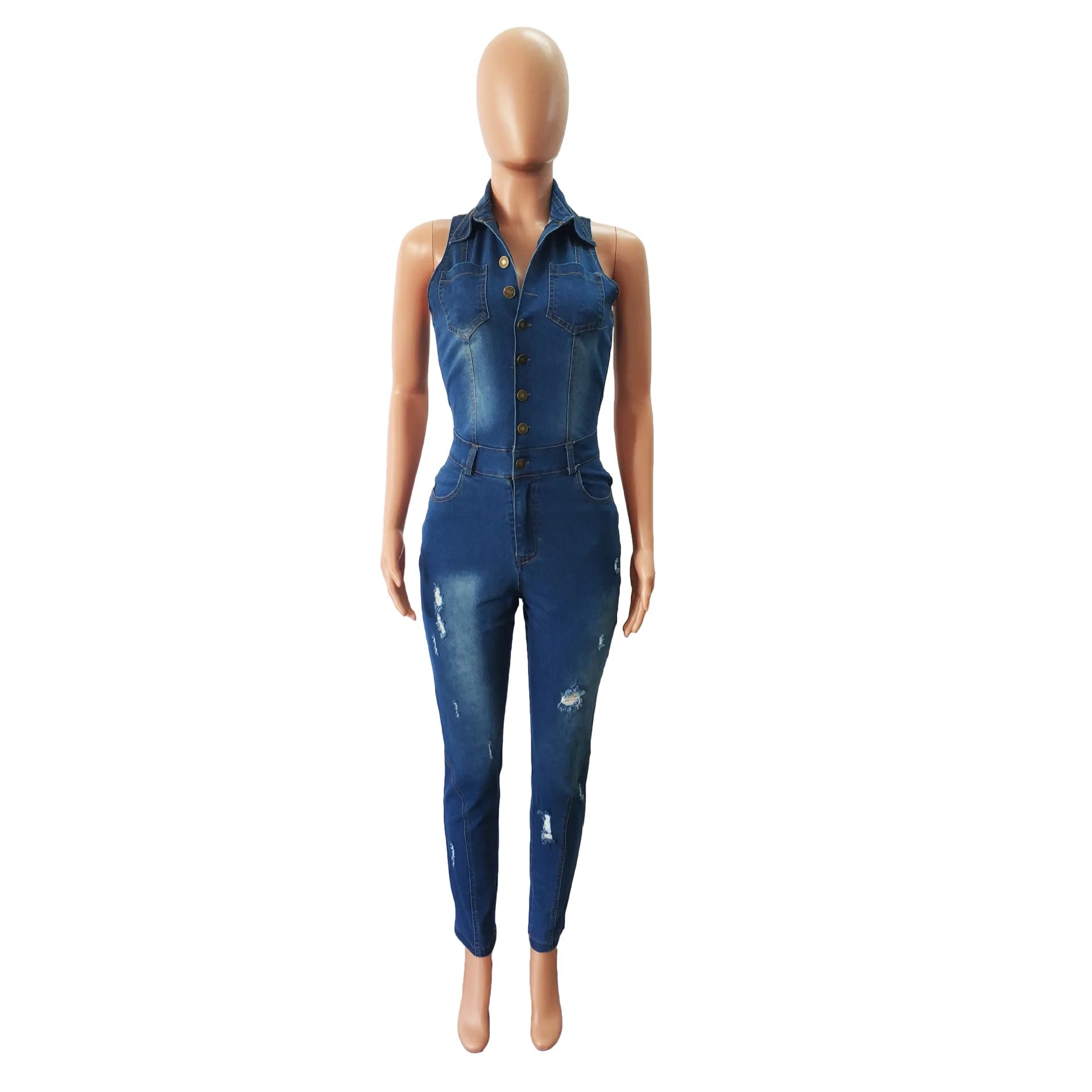 Buttoned Turn Down Collar Skinny Denim Jumpsuit