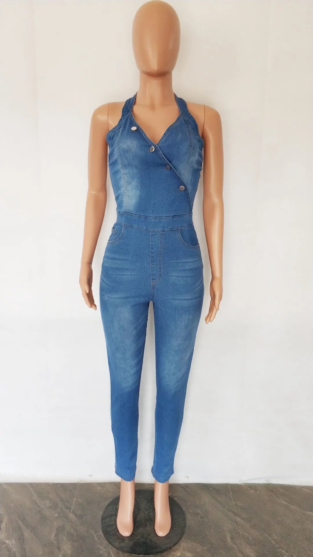 Halter Neck Backless Denim Pencil Romper Sexy Street Chic Jumpsuit
