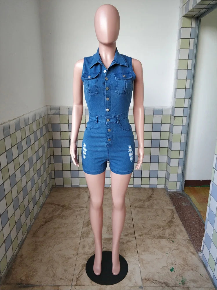 Ripped Blue Denim Playsuit Sexy Turn Down Collar Bodycon Romper for Women