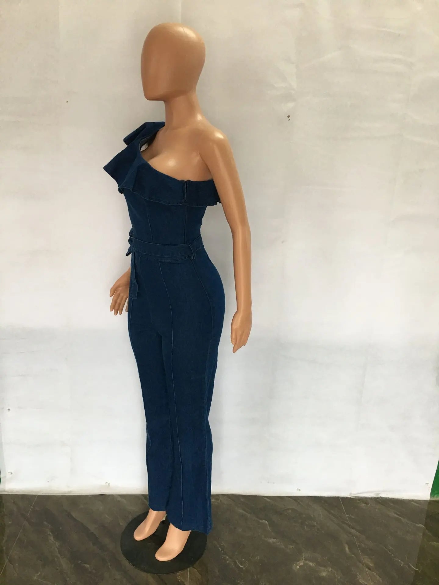 One Shoulder Wide Leg Jeans Romper Sexy Summer Casual Denim Jumpsuit for Women