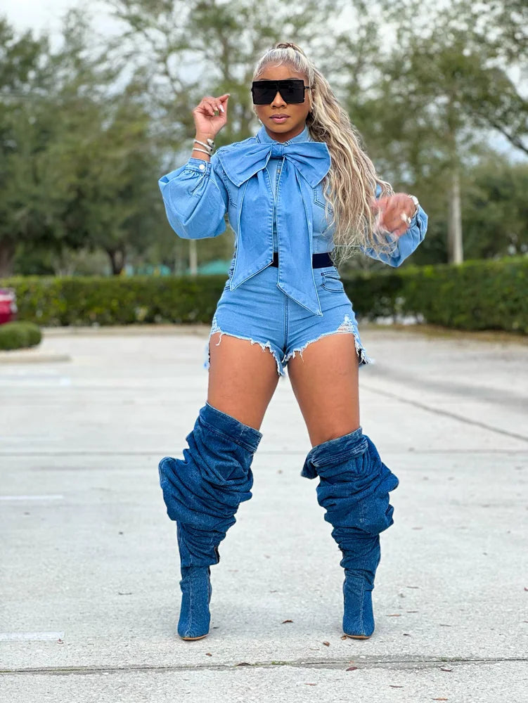 Plus Size Ripped Denim Overalls Sexy Lantern Sleeve Jumpsuit