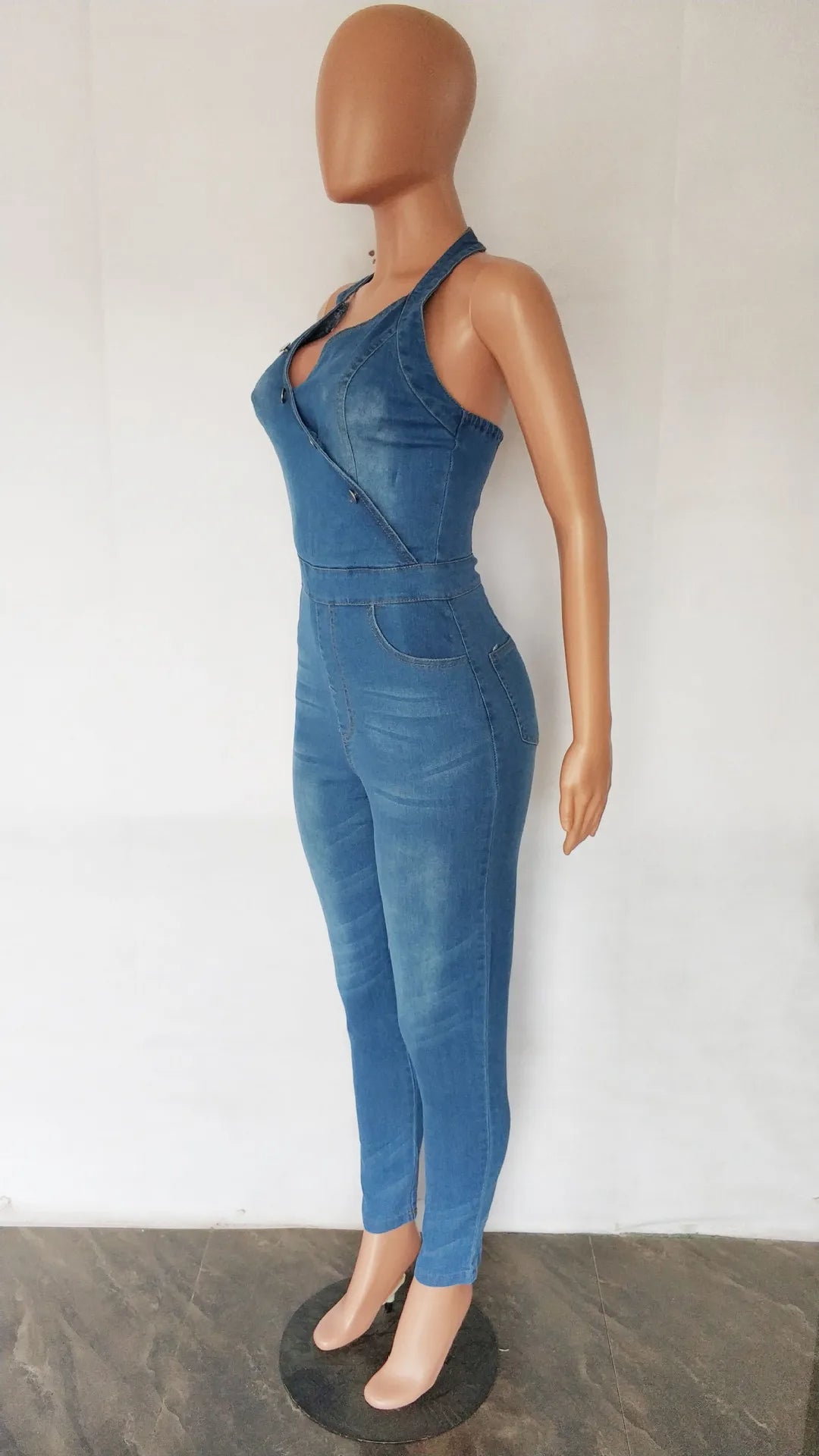 Halter Neck Backless Denim Pencil Romper Sexy Street Chic Jumpsuit
