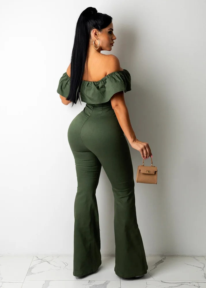 Wide Leg Club Jumpsuit Sexy Women's Slash Neck Ruffles Elegant Solid Flare Rompers
