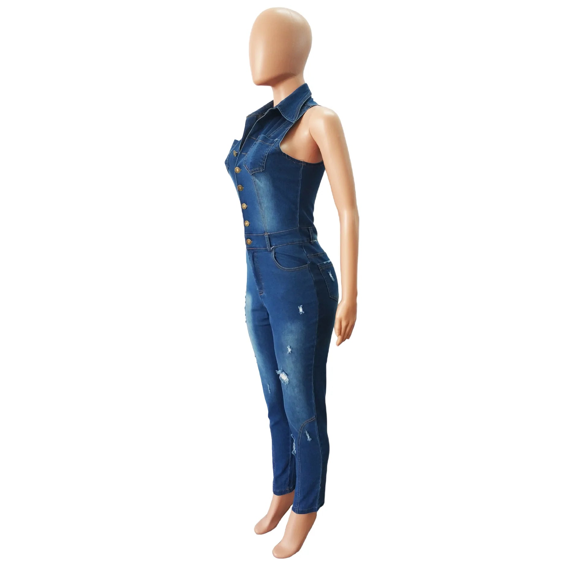 Buttoned Turn Down Collar Skinny Denim Jumpsuit