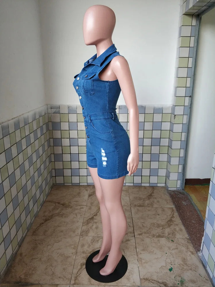 Ripped Blue Denim Playsuit Sexy Turn Down Collar Bodycon Romper for Women