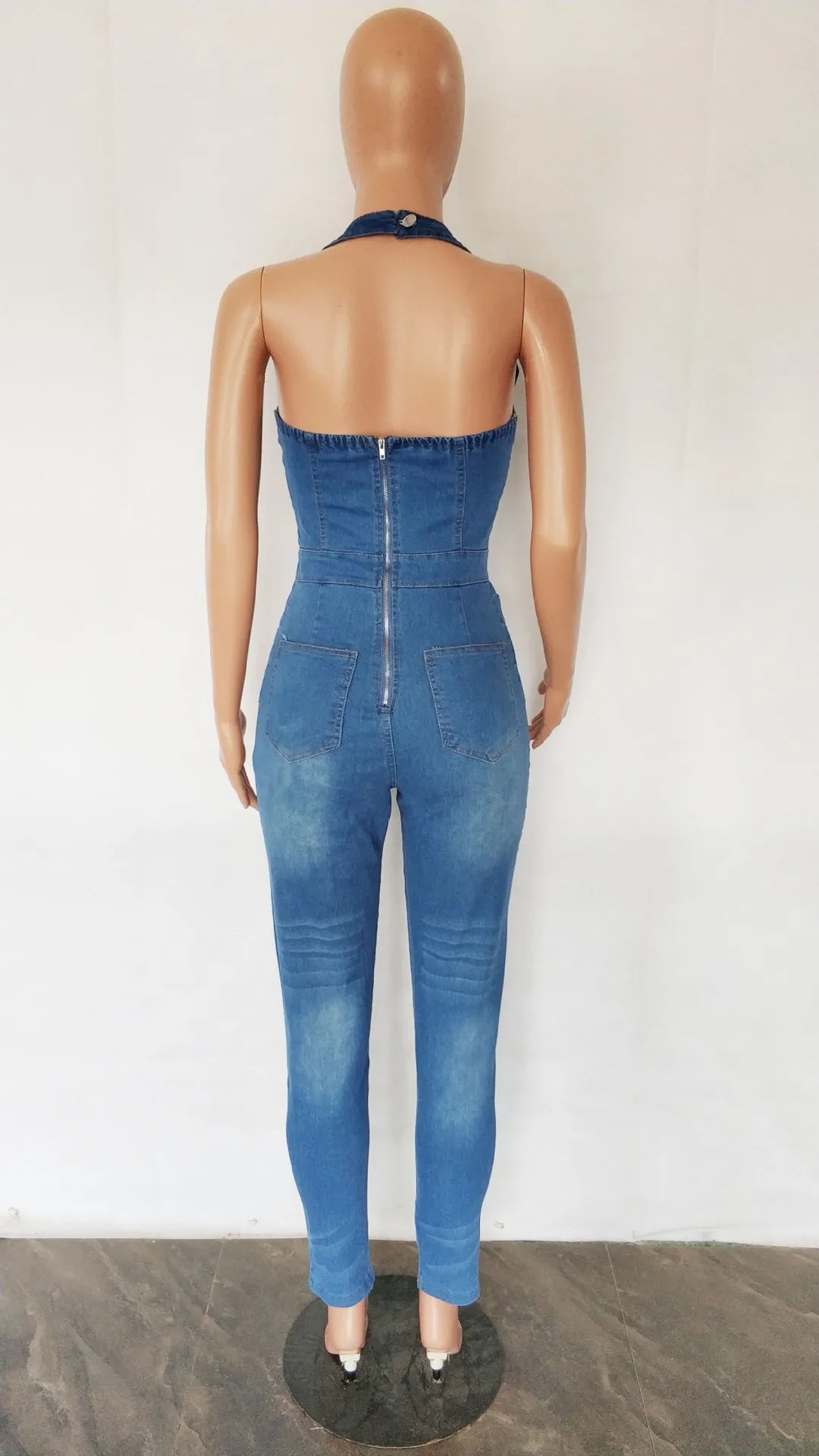 Halter Neck Backless Denim Pencil Romper Sexy Street Chic Jumpsuit