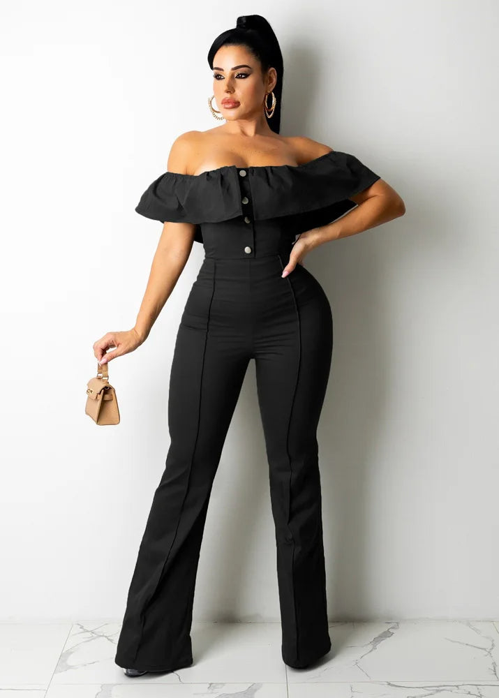 Wide Leg Club Jumpsuit Sexy Women's Slash Neck Ruffles Elegant Solid Flare Rompers
