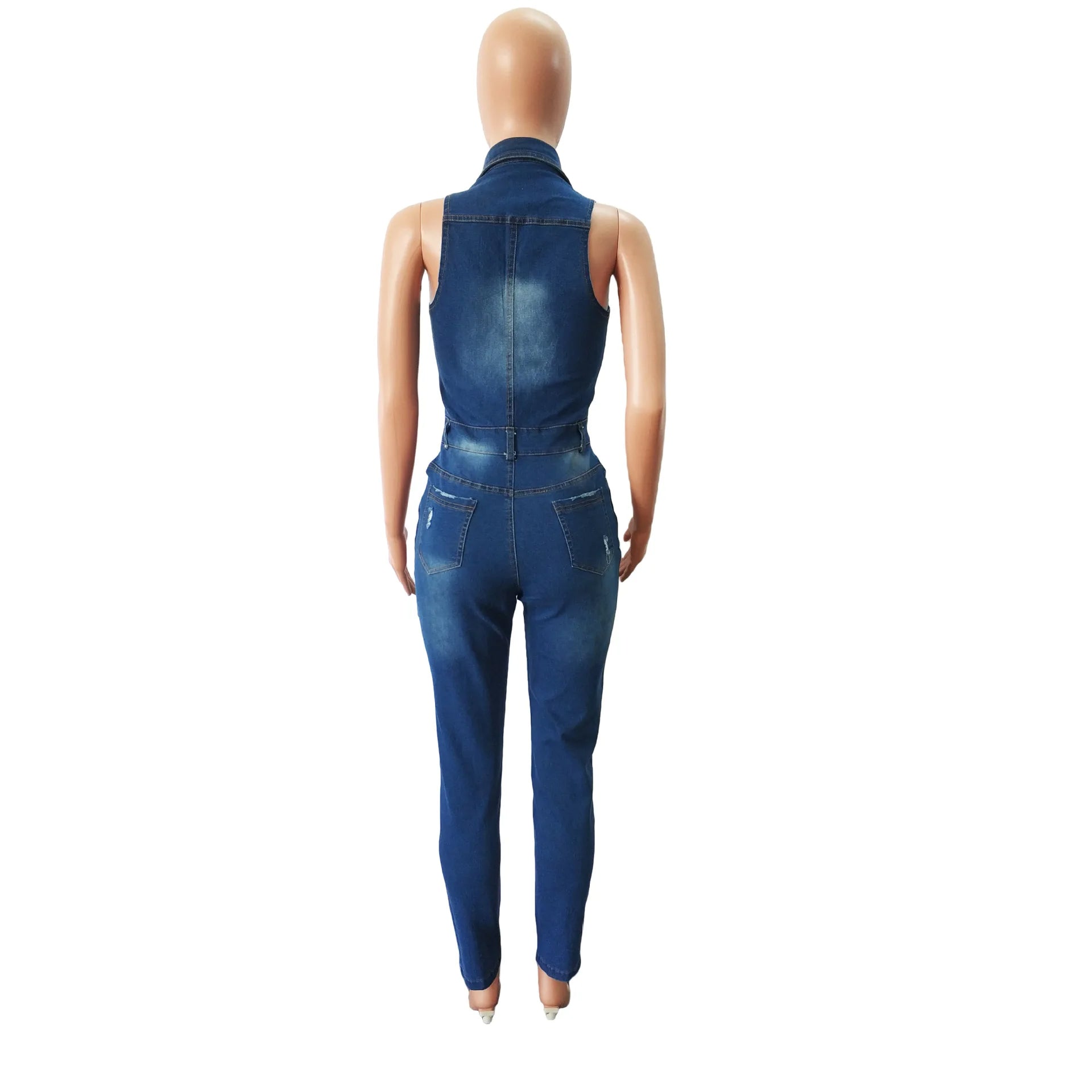 Buttoned Turn Down Collar Skinny Denim Jumpsuit