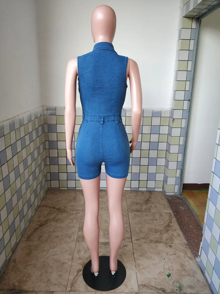 Ripped Blue Denim Playsuit Sexy Turn Down Collar Bodycon Romper for Women