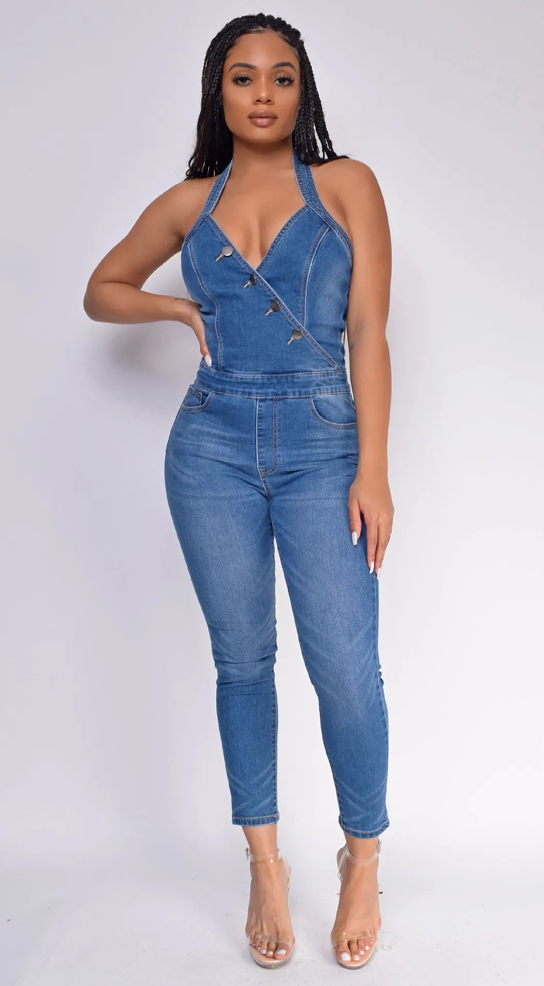 Halter Neck Backless Denim Pencil Romper Sexy Street Chic Jumpsuit