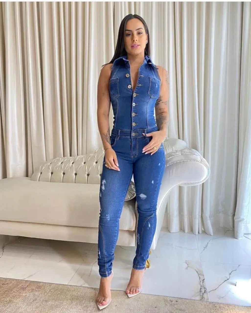 Buttoned Turn Down Collar Skinny Denim Jumpsuit
