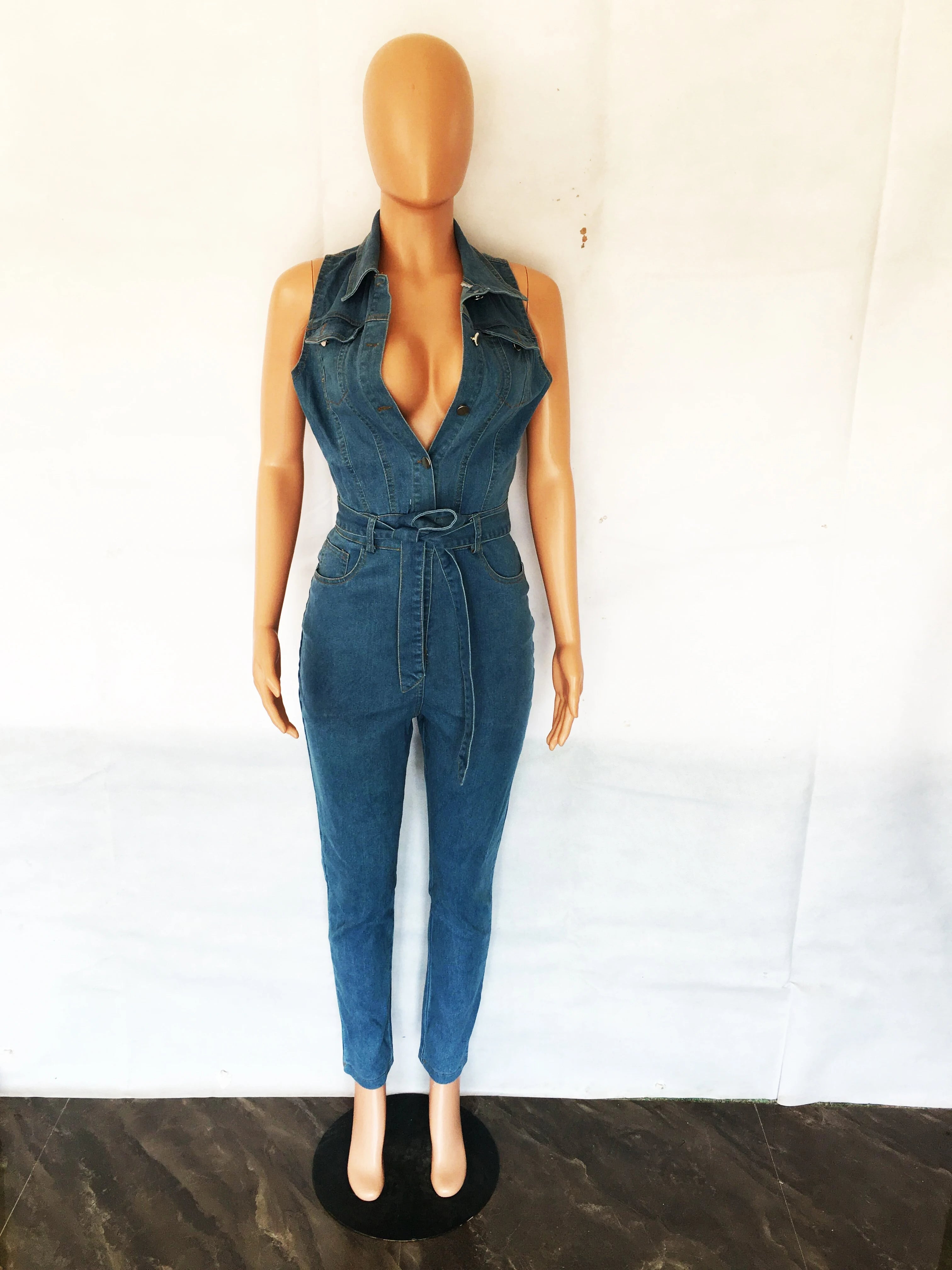 Sleeveless Bodycon Blue Denim Club Overalls Sexy Women's Pencil Jumpsuit Rompers