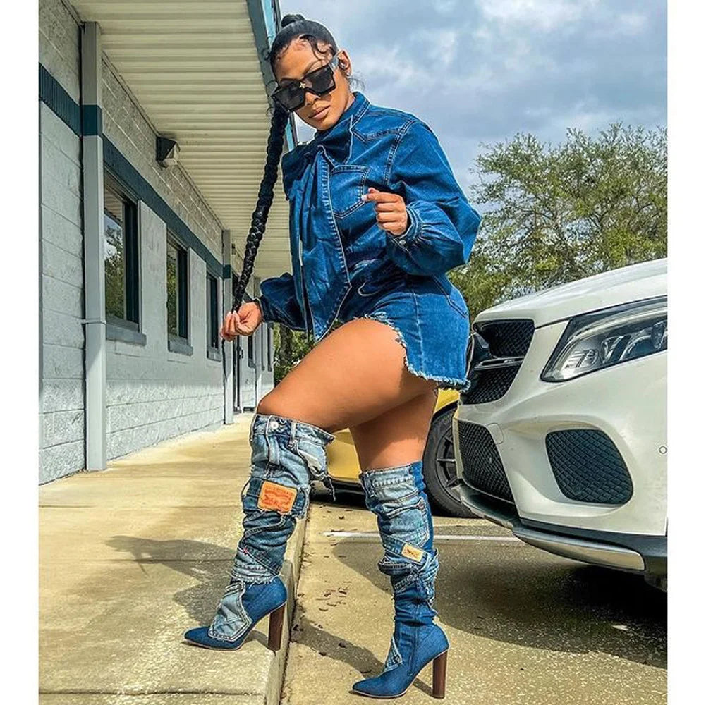 Plus Size Ripped Denim Overalls Sexy Lantern Sleeve Jumpsuit