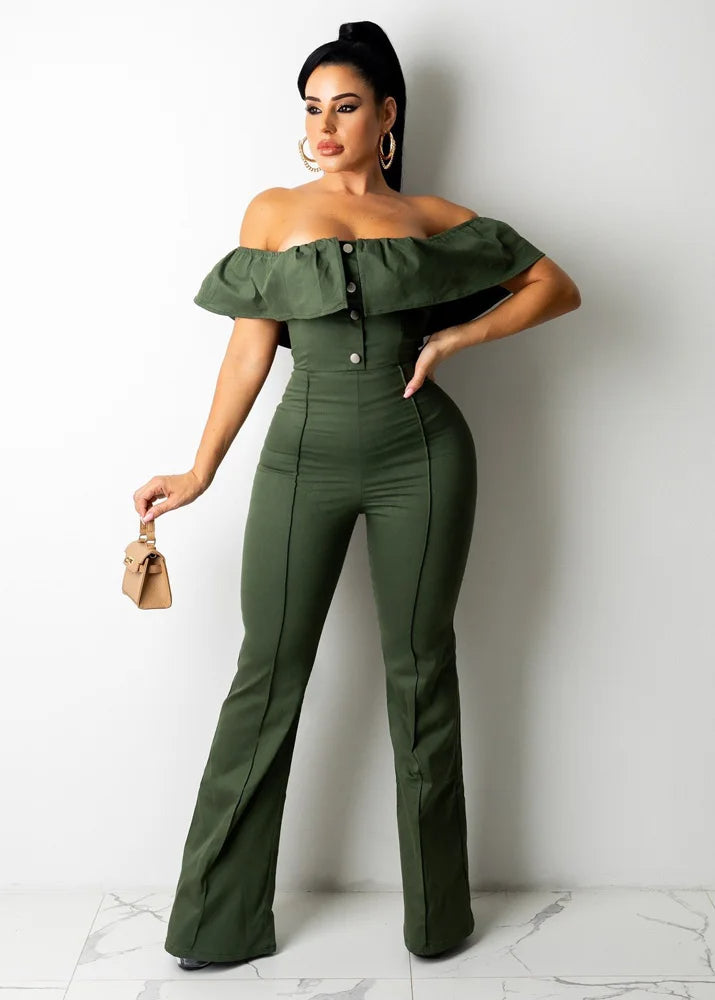 Wide Leg Club Jumpsuit Sexy Women's Slash Neck Ruffles Elegant Solid Flare Rompers