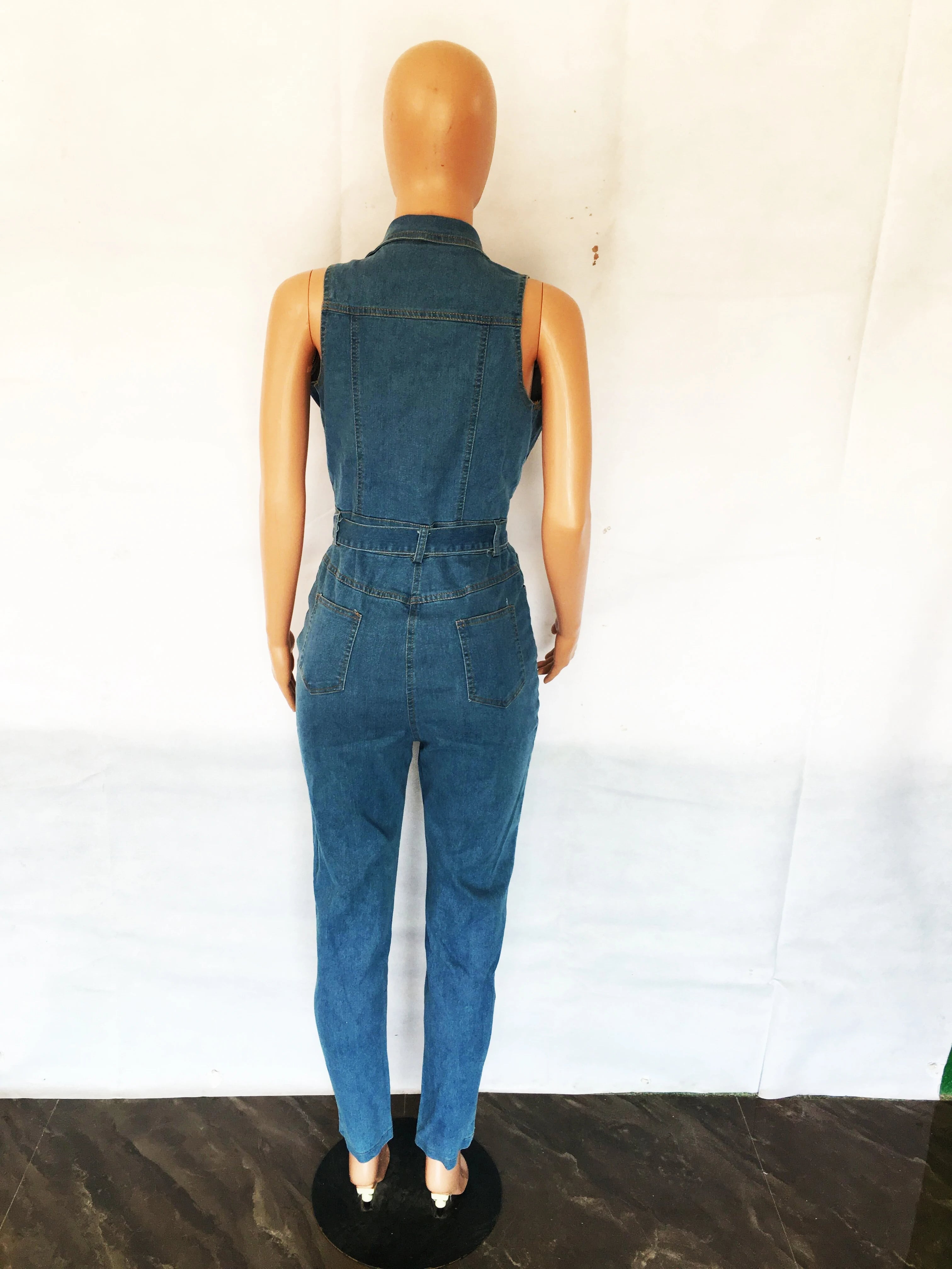 Sleeveless Bodycon Blue Denim Club Overalls Sexy Women's Pencil Jumpsuit Rompers