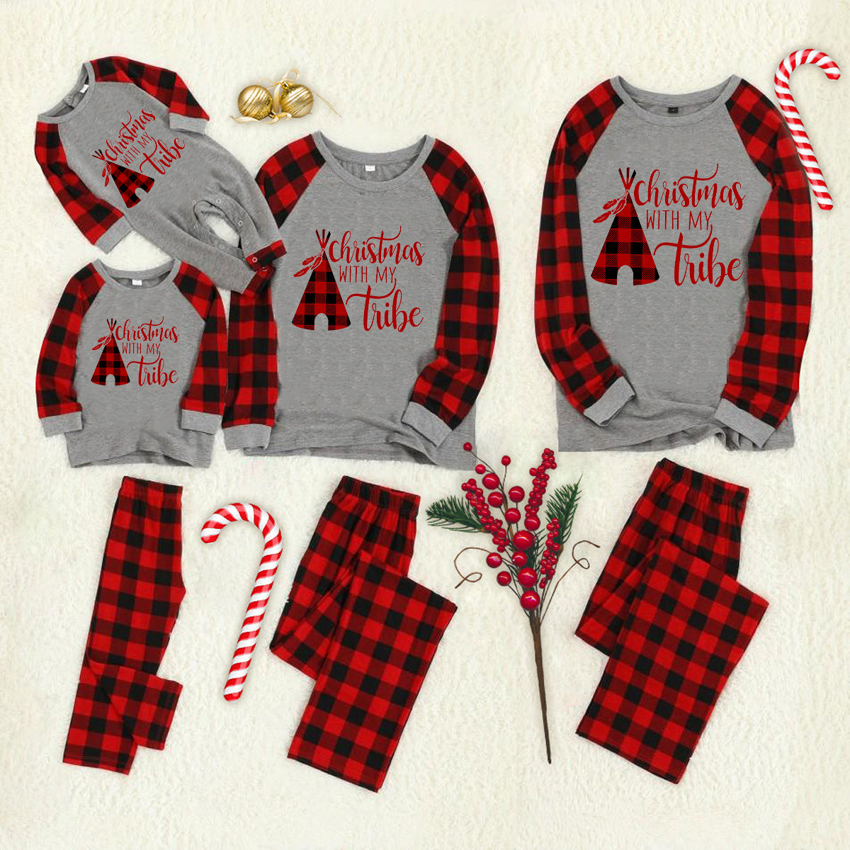 Family Christmas Shirts Christmas Tree Buffalo Plaid Patterned and 'Christmas WITH MY Tribe ' Letter Print Casual Long Sleeve Sweatshirts Grey Contrast Top and Black & Red Plaid Pants Family Matching Pajamas Set With Pet Bandana