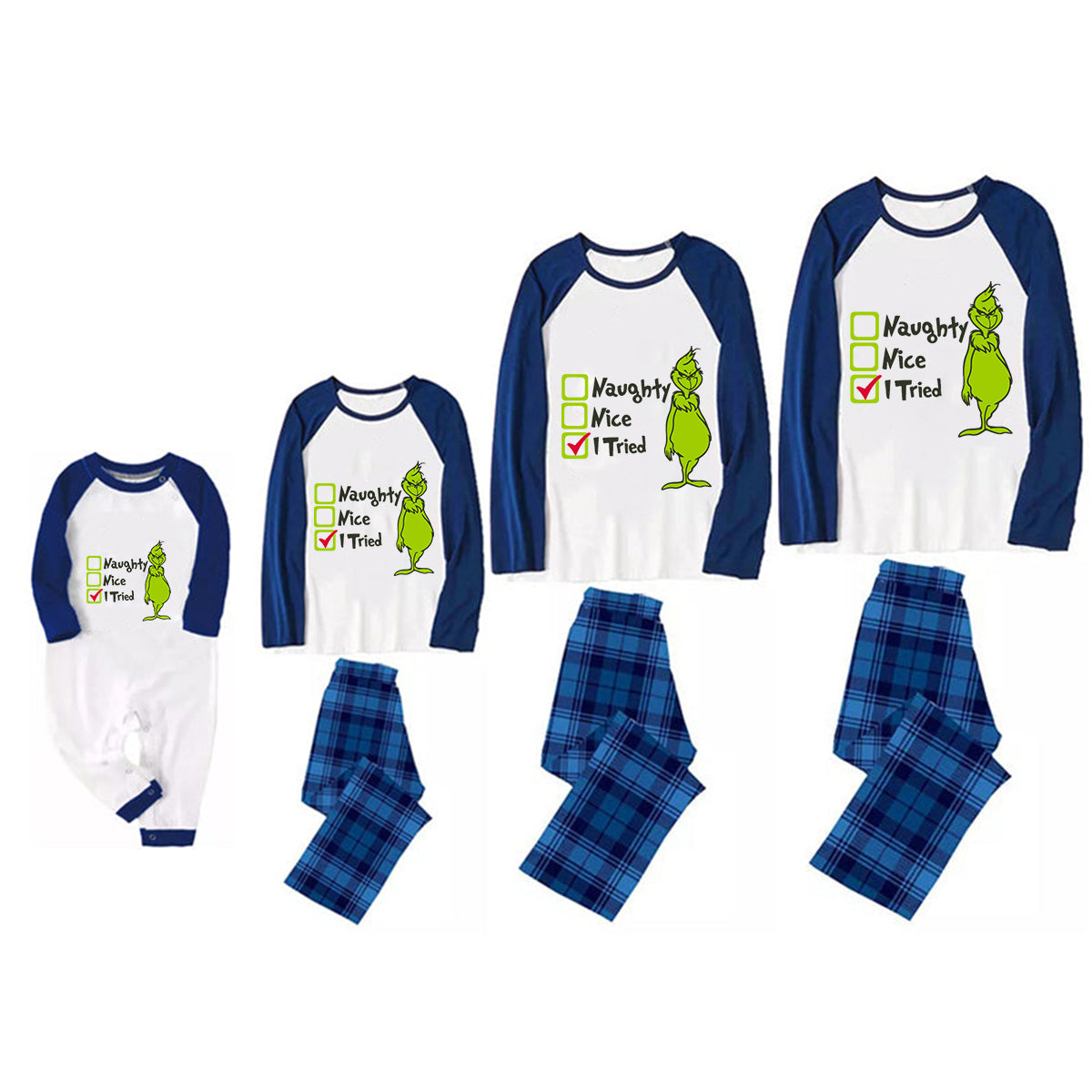 Christmas "Naughty&Nice& I Tried" Letter Print Patterned Casual Long Sleeve Sweatshirts Blue Sleeve Contrast Tops and Blue Plaid Pants Family Matching Pajamas Sets With Pet Bandana