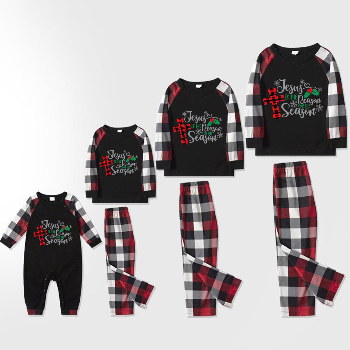 Jesus Cross Christmas Snowflake Patterned and 'Jesus Is The Reason For The Season' Letter Print Contrast Tops and Red & Black & White Plaid Pants Family Matching Pajamas Set With Dog Bandana