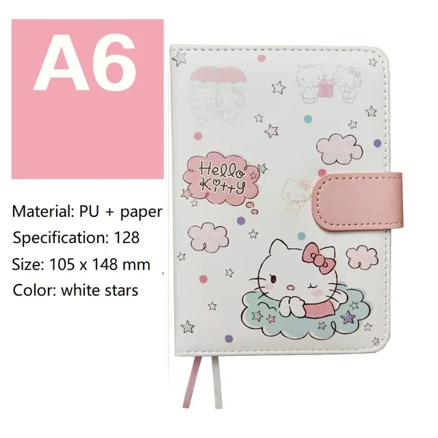 A6 Cute Hello Kitty MINISO Anime Leather Magnetic Buckle Notebook Student Planner Write Office Portable Kawaii School Stationery