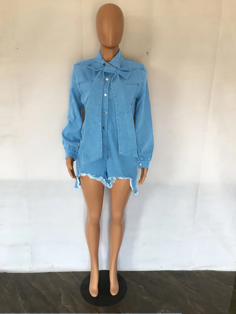 Plus Size Ripped Denim Overalls Sexy Lantern Sleeve Jumpsuit