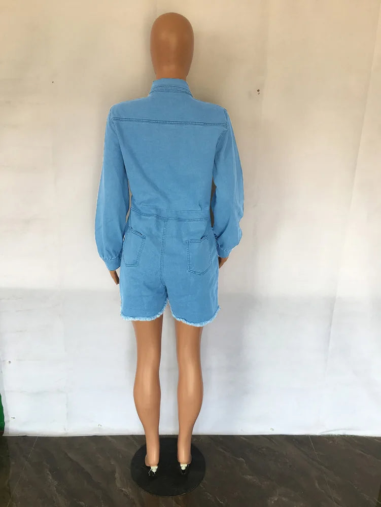 Plus Size Ripped Denim Overalls Sexy Lantern Sleeve Jumpsuit