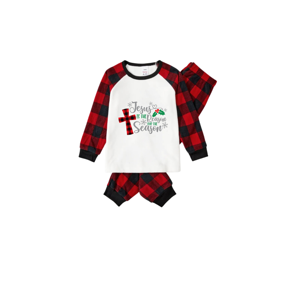Christmas "Jesus is the Reason of the Season" Letter Print Patterned White Long Sleeve with Black&Red Plaid Pants Family Matching Pajamas