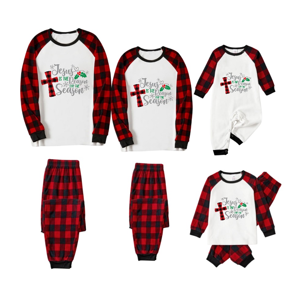 Christmas "Jesus is the Reason of the Season" Letter Print Patterned White Long Sleeve with Black&Red Plaid Pants Family Matching Pajamas