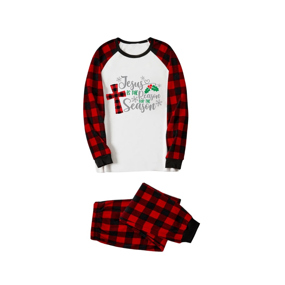 Christmas "Jesus is the Reason of the Season" Letter Print Patterned White Long Sleeve with Black&Red Plaid Pants Family Matching Pajamas