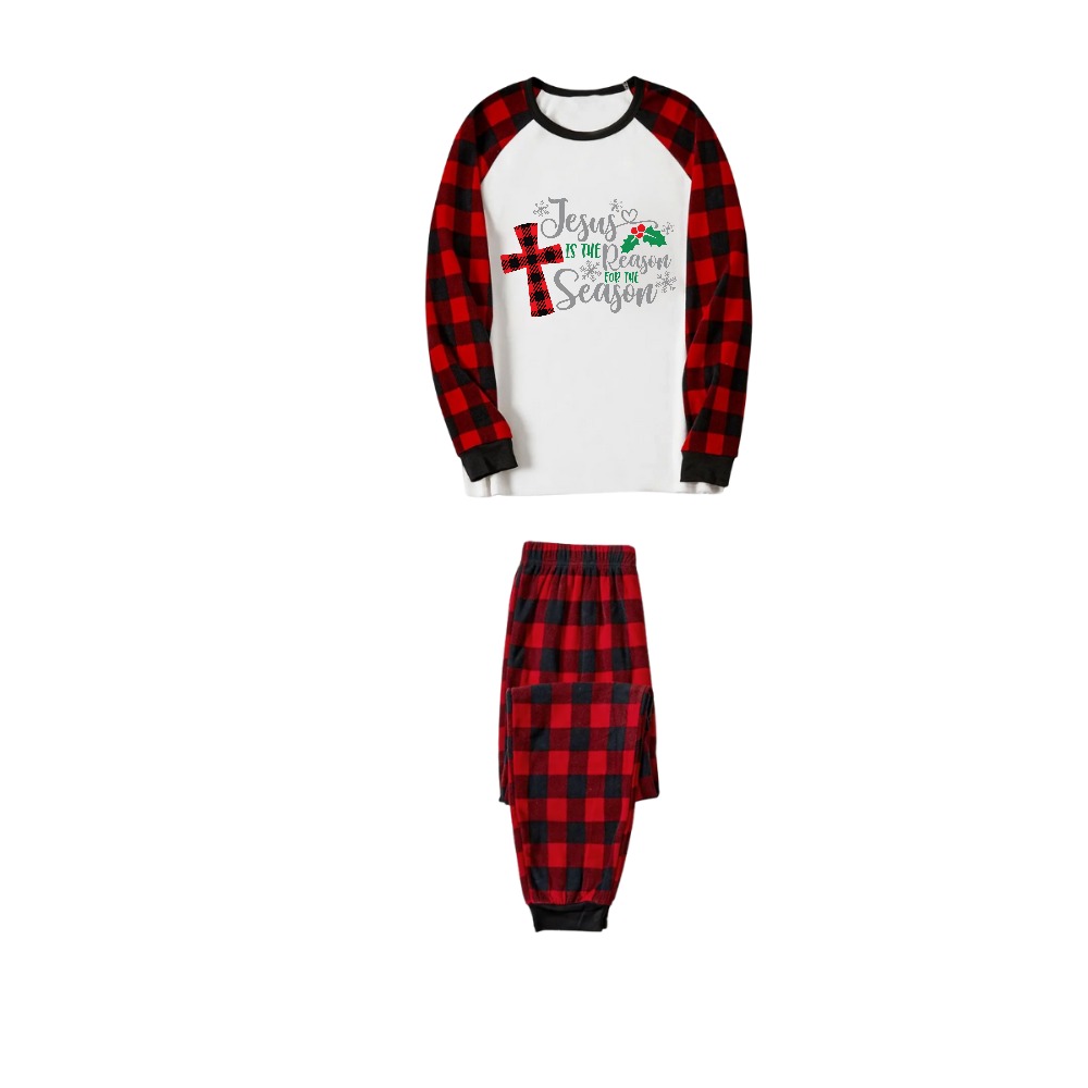 Christmas "Jesus is the Reason of the Season" Letter Print Patterned White Long Sleeve with Black&Red Plaid Pants Family Matching Pajamas
