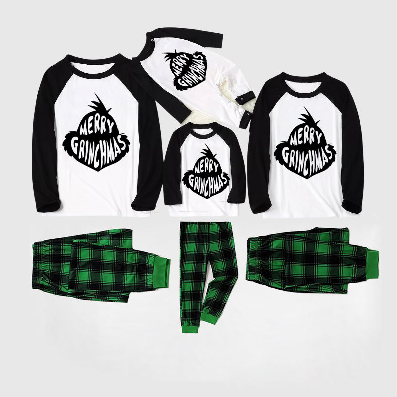 Christmas Cute Cartoon Face Letter Print Casual Long Sleeve Sweatshirts Black Contrast Top and Black and Green Plaid Pants Family Matching Pajamas Sets