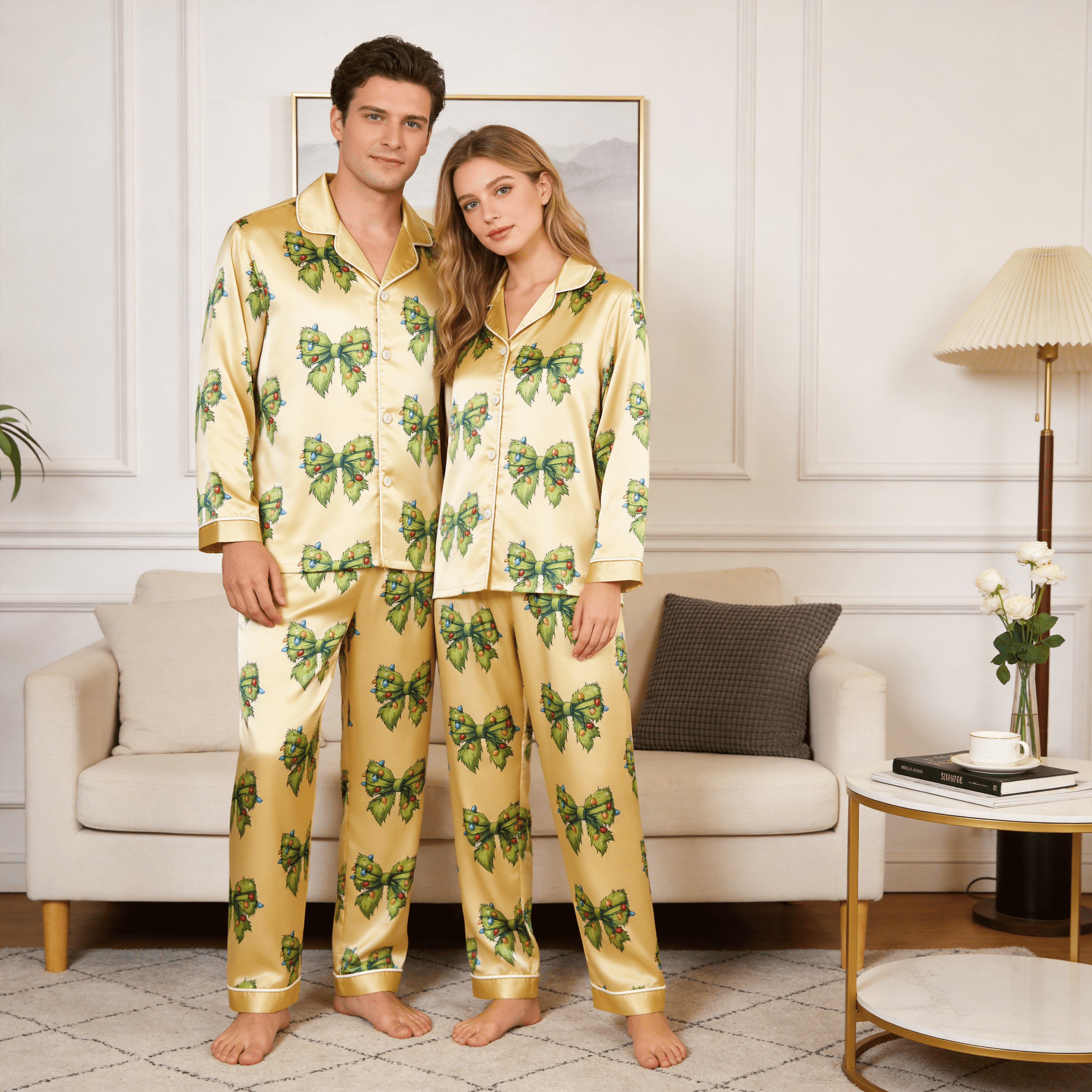 Lighted Faux Fur Bow Yellow Satin Matching Pajamas for Couples – Long Sleeve Button-Down Top & Pants Sleepwear Set