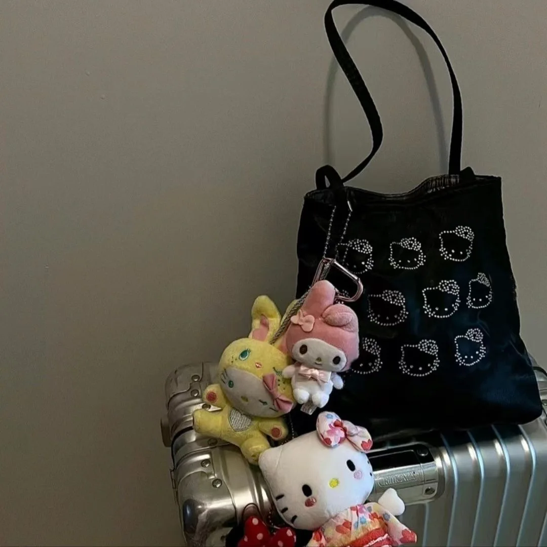 Kawaii Hello Kitty Women Canvas Shoulder Bag Rhinestones Handbag Eco Large CapacityShopping Bag Female Charmeuse Cute Tote Bag