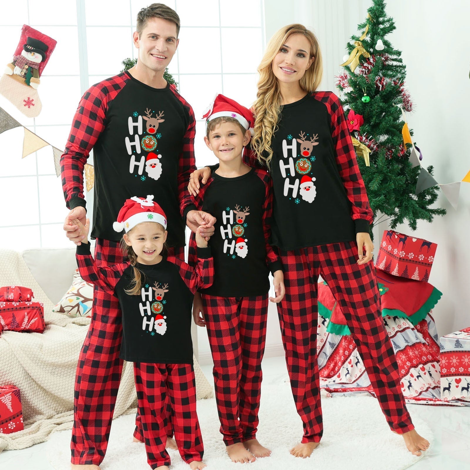 Christmas ��Ho Ho Ho�� Letter Print Santa Claus & Gingerbread & Elk Patterned Contrast Black top and Black & Red Plaid Pants Family Matching Pajamas Set With Dog Bandana