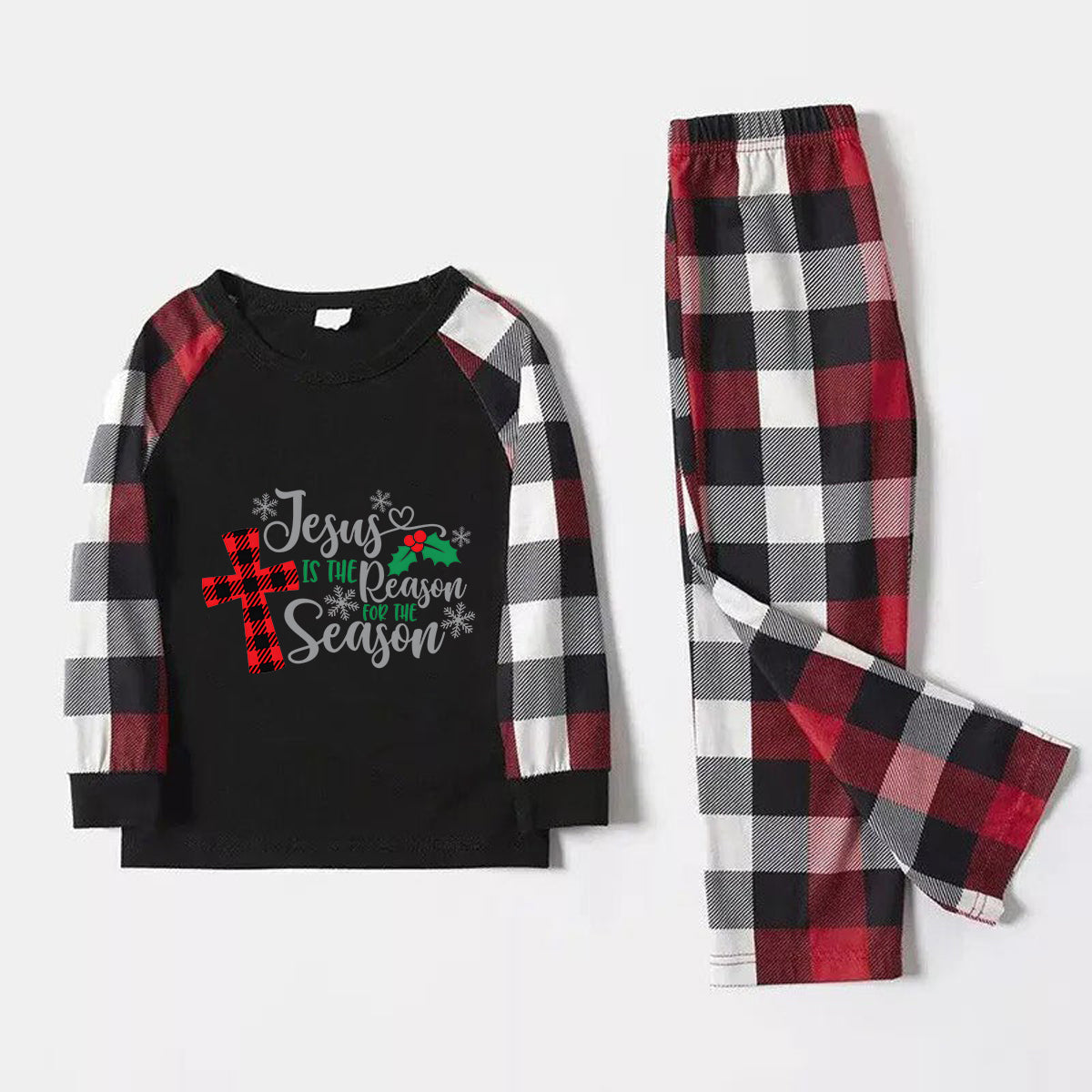 Jesus Cross Christmas Snowflake Patterned and 'Jesus Is The Reason For The Season' Letter Print Contrast Tops and Red & Black & White Plaid Pants Family Matching Pajamas Set With Dog Bandana