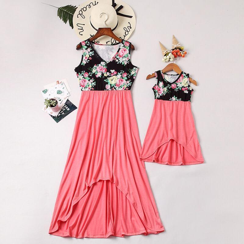 Beautiful Floral V Neck Sleeveless Mommy and Me Dress QZ1707 (2537132097620)