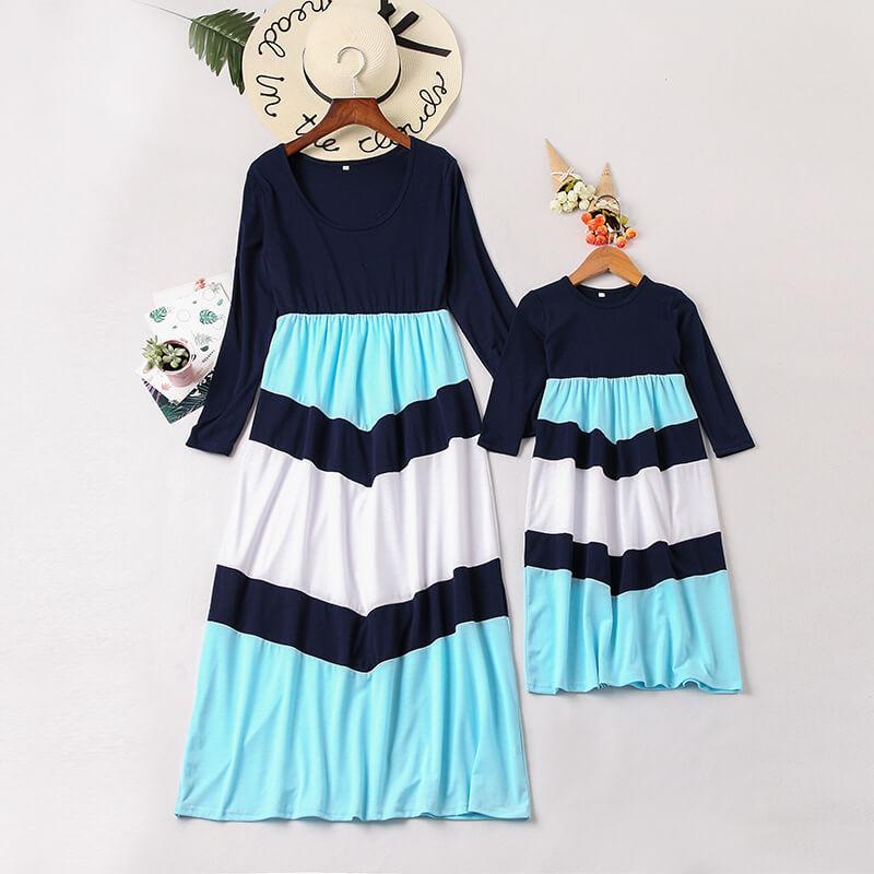 Drak Blue Color Block Stitching Striped Matching Dresses (3549542580308)