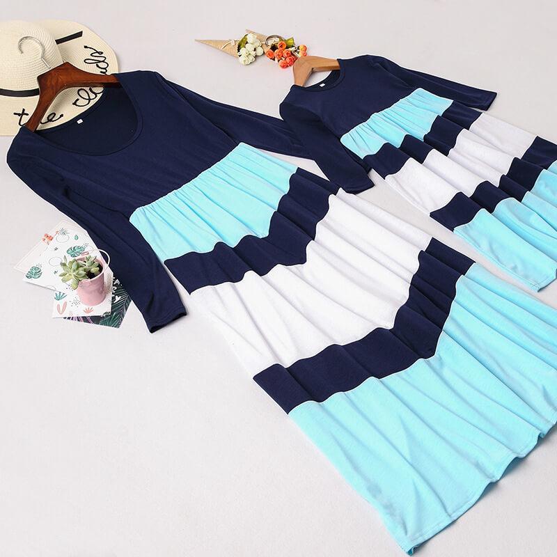 Drak Blue Color Block Stitching Striped Matching Dresses (3549542580308)