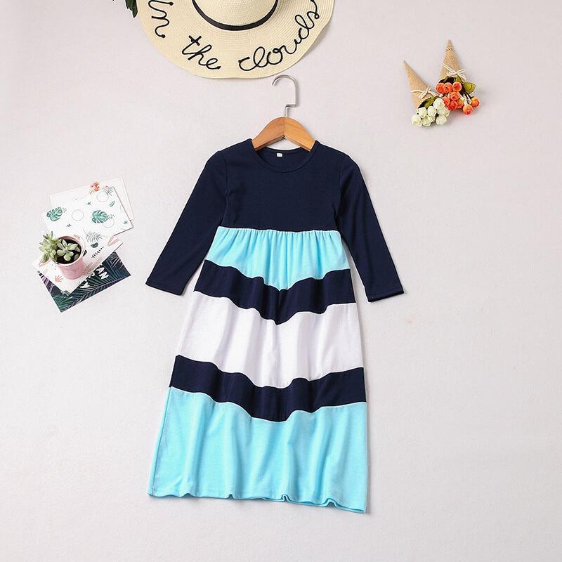 Drak Blue Color Block Stitching Striped Matching Dresses (3549542580308)