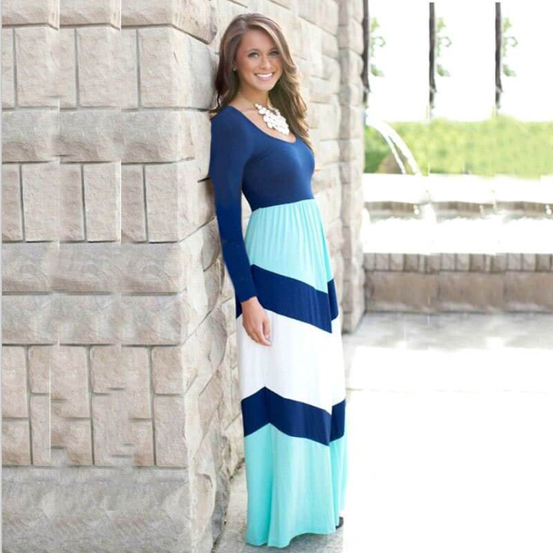 Drak Blue Color Block Stitching Striped Matching Dresses (3549542580308)