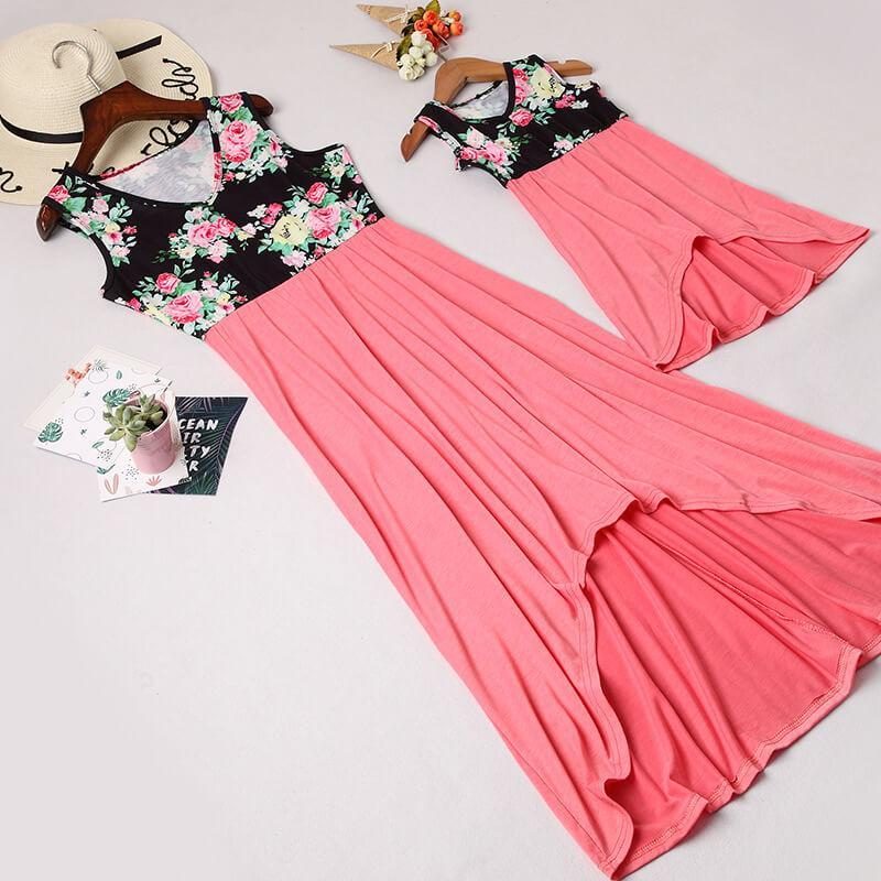 Beautiful Floral V Neck Sleeveless Mommy and Me Dress QZ1707 (2537132097620)