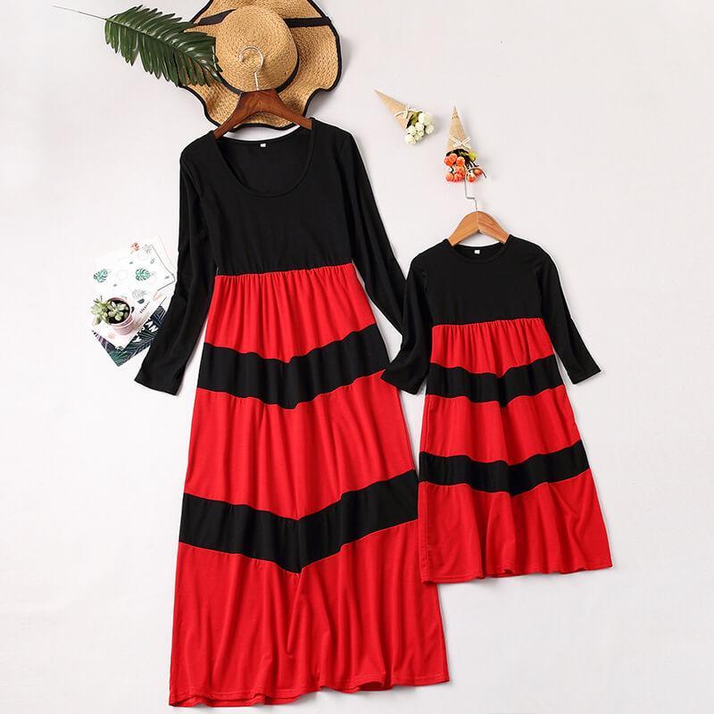Black&Red Long-sleeve Stitching Striped Matching Dresses (3655980417108)