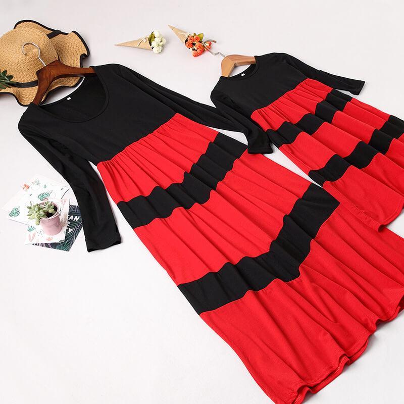 Black&Red Long-sleeve Stitching Striped Matching Dresses (3655980417108)