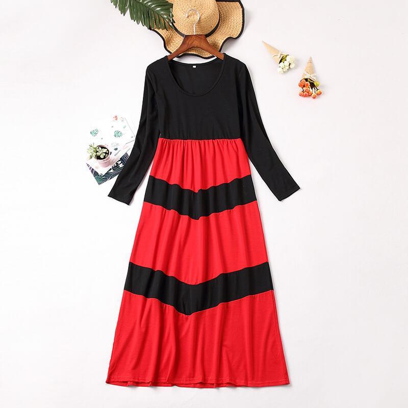 Black&Red Long-sleeve Stitching Striped Matching Dresses (3655980417108)