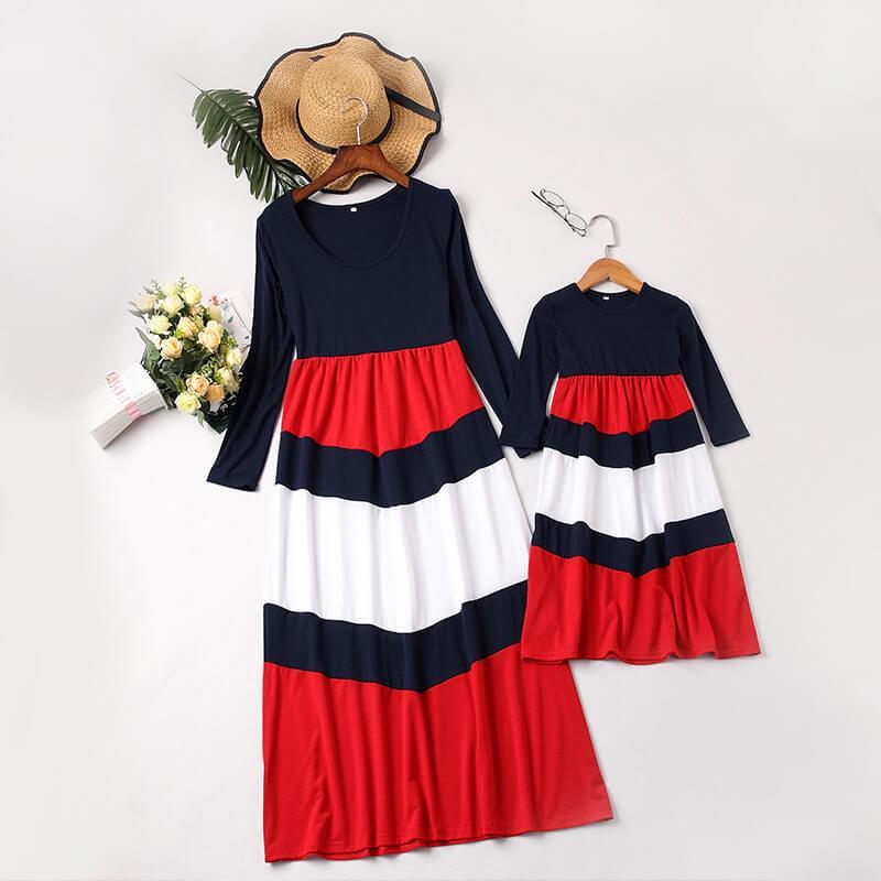 Dark Blue Long-sleeve Stitching Striped Matching Dresses (3655985758292)