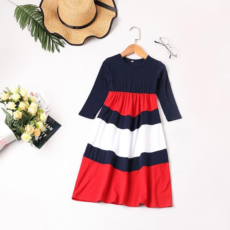 Dark Blue Long-sleeve Stitching Striped Matching Dresses (3655985758292)