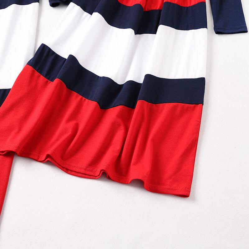 Dark Blue Long-sleeve Stitching Striped Matching Dresses (3655985758292)